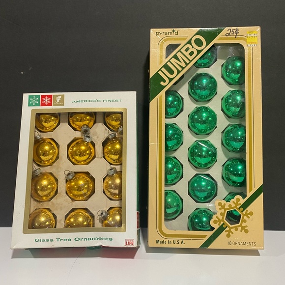 Vintage Ornaments Christmas Franke Shiny Brite in Box Gold Pyramid Green USA 30 - Picture 1 of 9